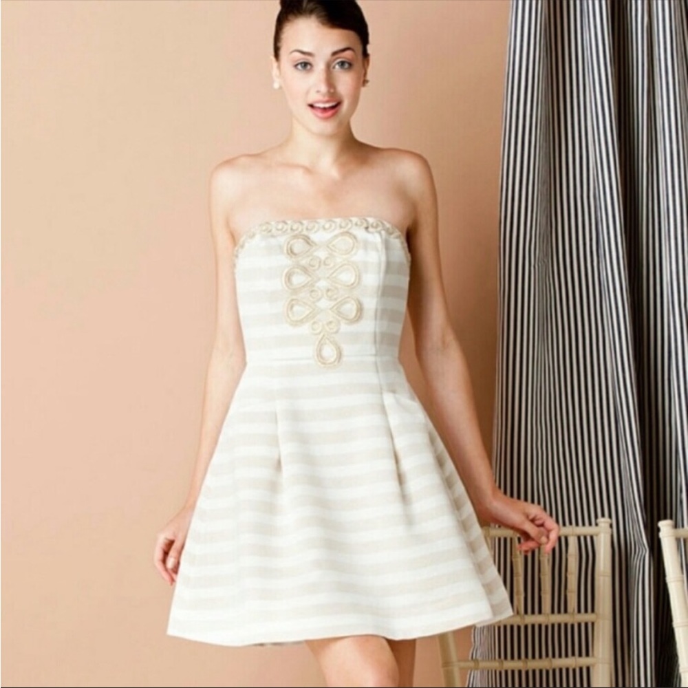Lilly Pulitzer Metallic Gold and White Blossom Dress, Sizzle Stripe, 4